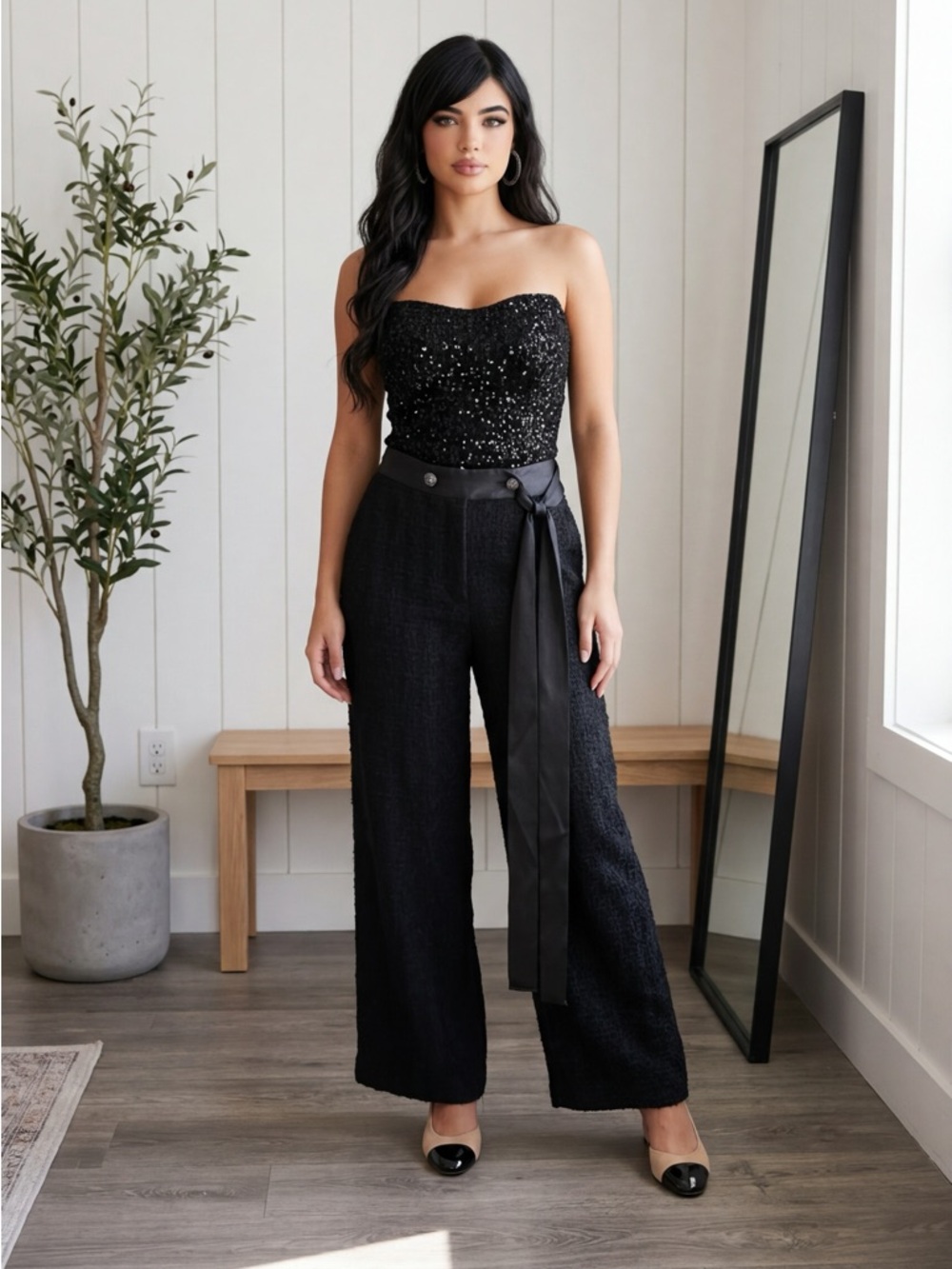 CHANEL Black Wide-Leg Textured Bouclé Pants